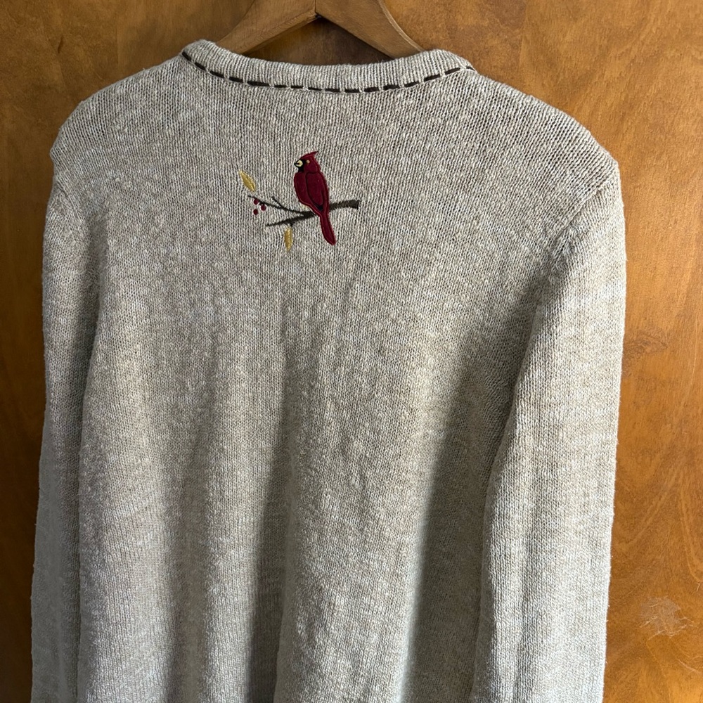 VINTAGE Embroidered Bird Oatmeal Button Down Cardigan Sweater 1X Slouchy Artsy - Picture 4 of 14